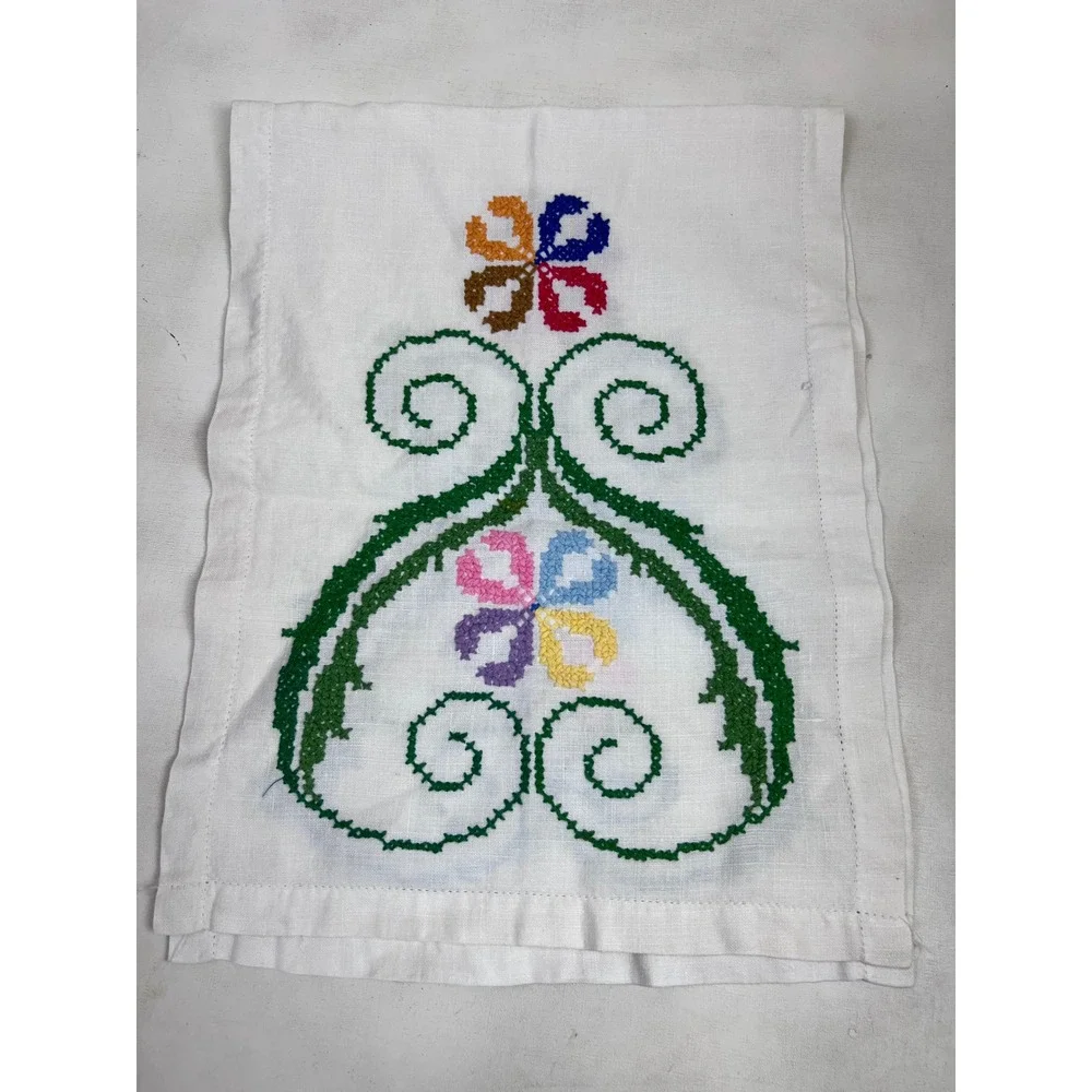 Vintage Embroidered Floral Linen Table Runner Colorful Cross Stitch 36